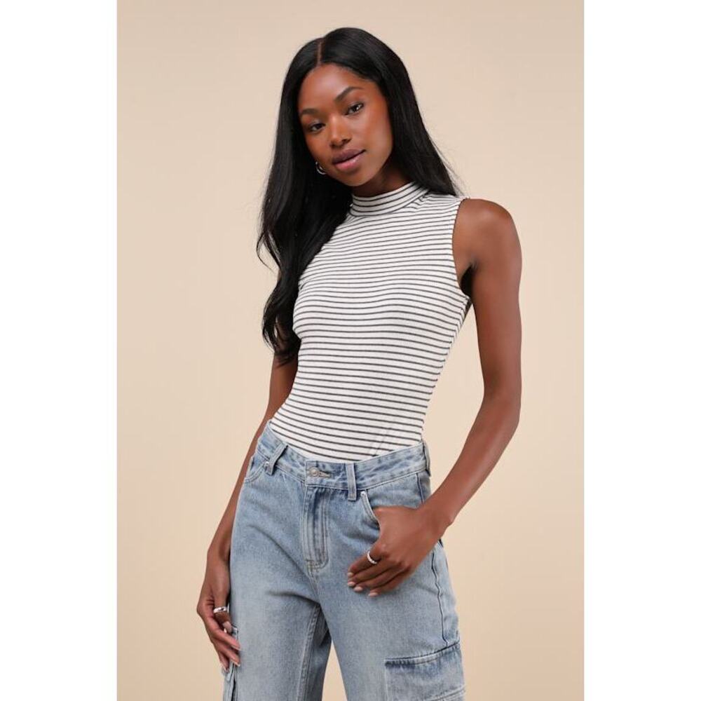 Lulus Elevated Selection Ivory Striped Mock Neck Sleeveless Bodysuit White NWT